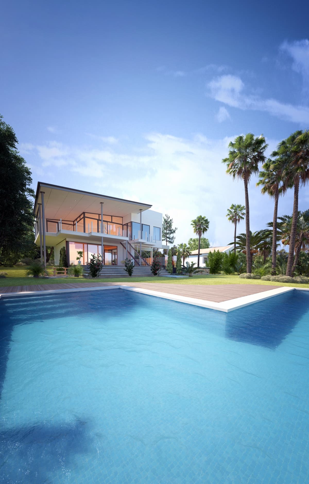 A modern villa with pool and palm trees, your new home in Mauritius